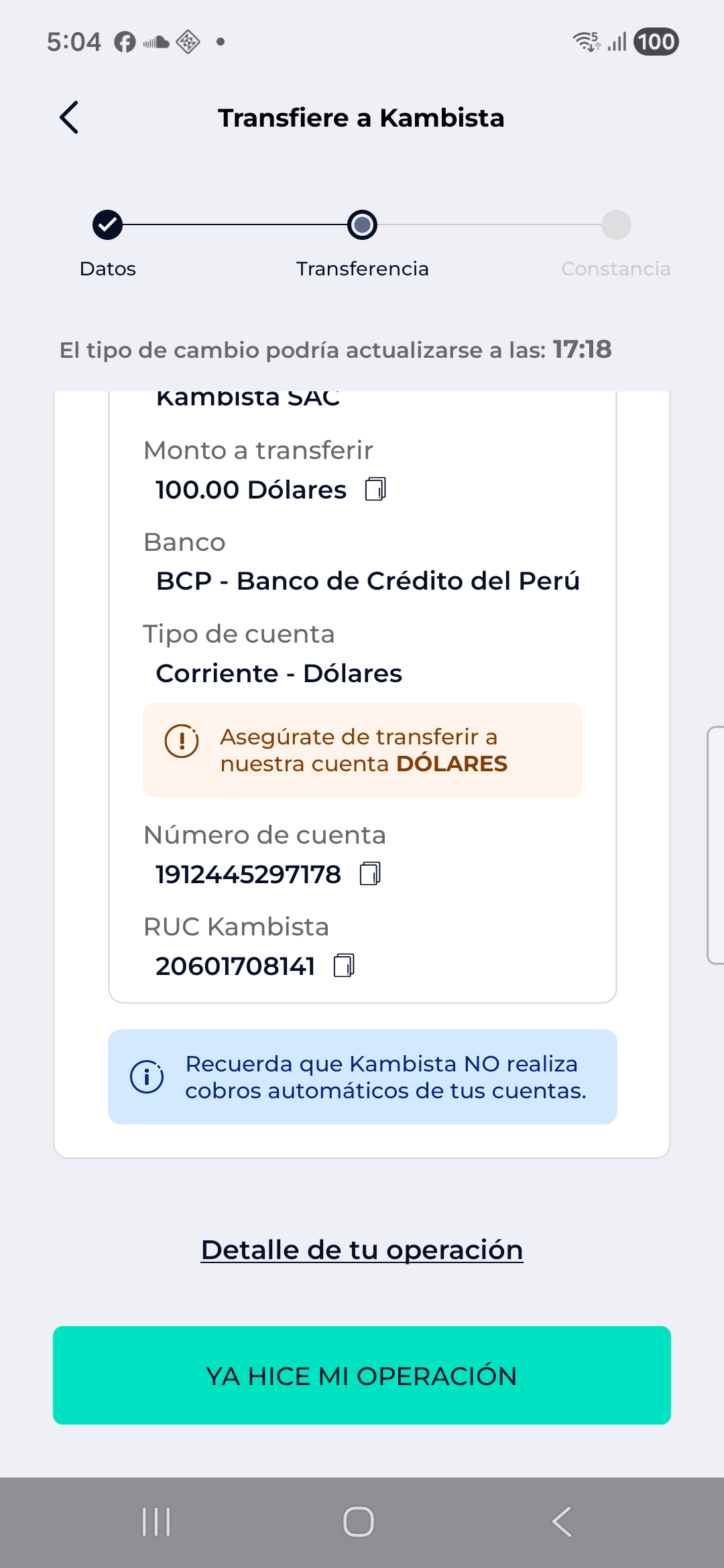 Kambista transfer step